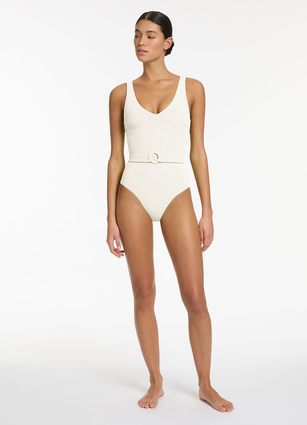 Isla Rib V-Neckline Belted One Piece - Cream