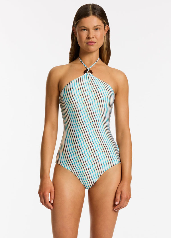 Lotus High Neck Halter One Piece - Teal