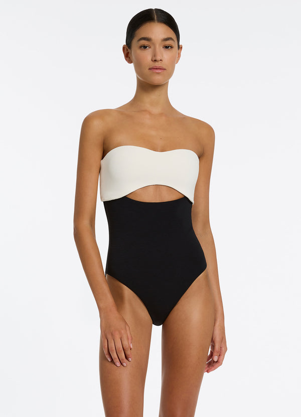 JETS AUSTRALIA Versa Rib Cut Out Bandeau One-piece Swimsuit - Black / Cream