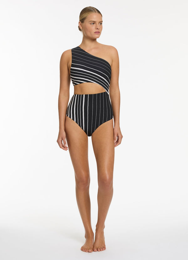 Lunar Stripe One Shoulder Cut Out One Piece - Black/Chalk