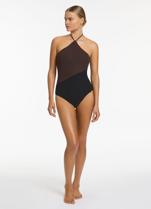 Versa High Neck Halter One Piece - Black/Chocolate