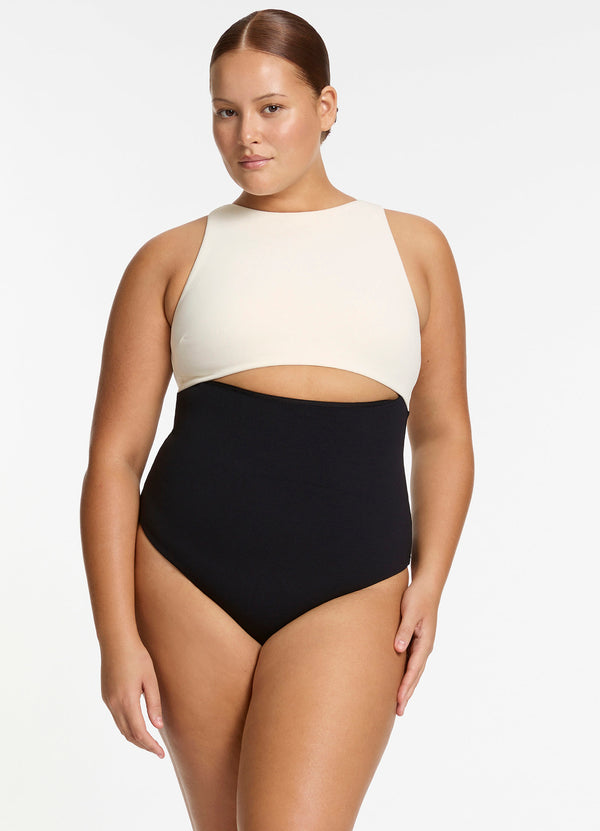 Versa Rib Cut Out High Neck One Piece - Black/Cream