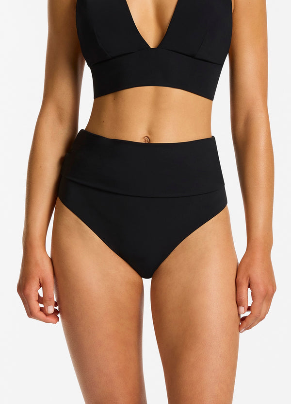 Jetset Fold Down High Waisted Bikini Bottom - Black