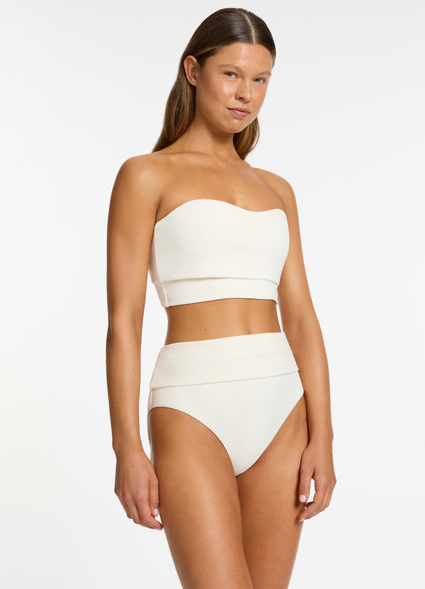 Isla Rib Fold Down High Waisted Bikini Bottom - Cream