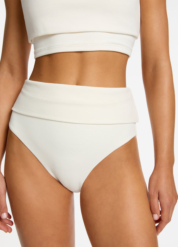 Isla Rib Fold Down High Waisted Bikini Bottom - Cream