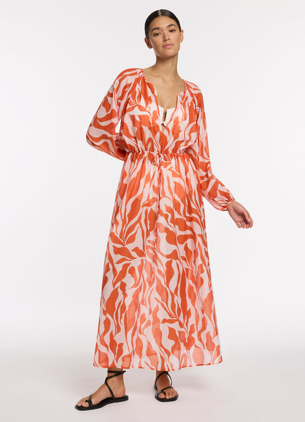 Sereno Ditsy Long Sleeve Maxi Dress - Coral