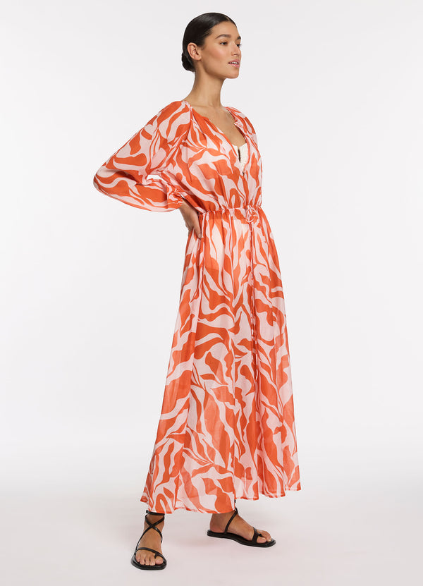 Sereno Ditsy Long Sleeve Maxi Dress - Coral