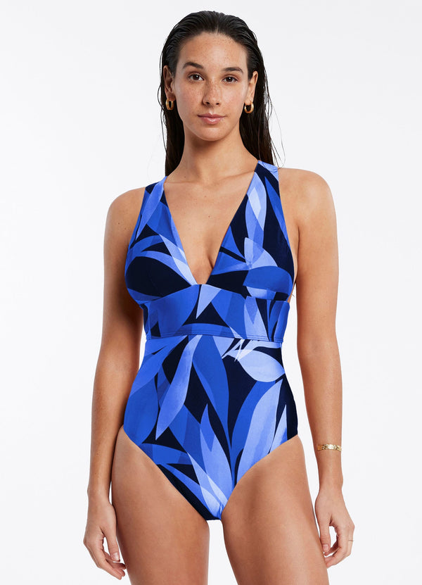 Solari Plunge Tie Back One Piece - Pacific Blue