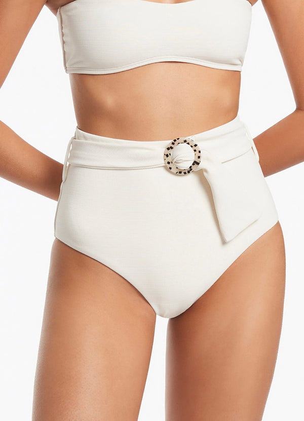 Isla Rib Belted High Waisted Bikini Bottom - Cream